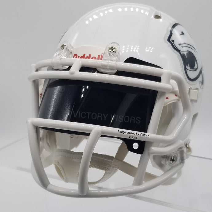 Black Mini Football Helmet Visor from Victory Visors for football helmet memorabilia collectors and helmet breaks. Wholesale mini football helmet visors in the USA. Mini football helmet visor Houston, TX. Football helmet signatures.