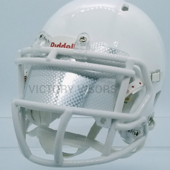 Ice Carbon Fiber Mini Football Helmet Visor from Victory Visors for football helmet memorabilia collectors and helmet breaks. Wholesale mini football helmet visors in the USA. Mini football helmet visor Houston, TX. Football helmet signatures.