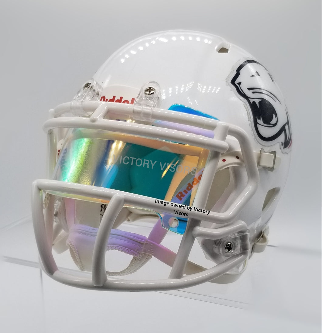 Clear Rainbow Mini Football Helmet Visor from Victory Visors for football helmet memorabilia collectors and helmet breaks. Wholesale mini football helmet visors in the USA. Mini football helmet visor Houston, TX. Football helmet signatures.