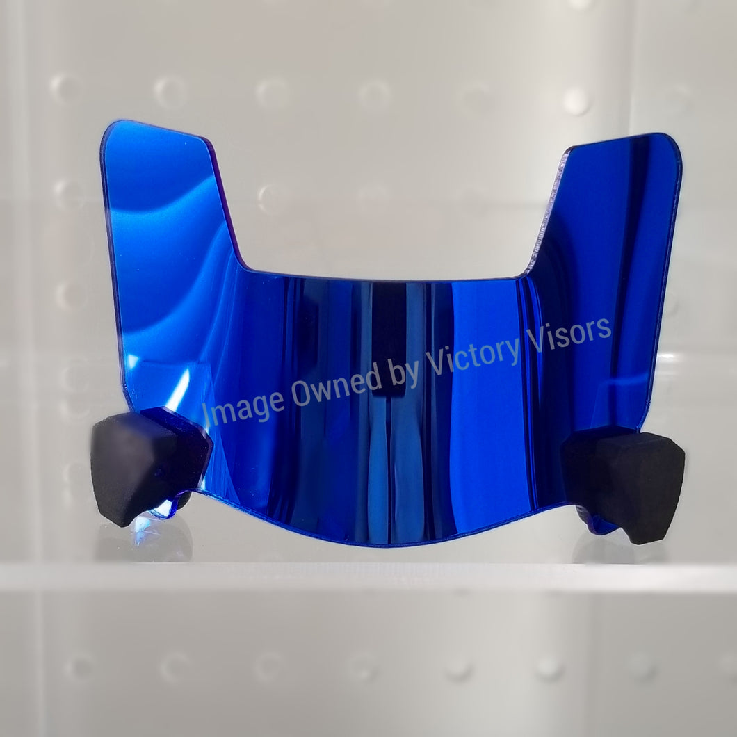 Hard style Blue Mini Football Helmet Visor from Victory Visors for football helmet memorabilia collectors and helmet breaks. Wholesale mini football helmet visors in the USA. Mini football helmet visor Houston, TX. Football helmet signatures.