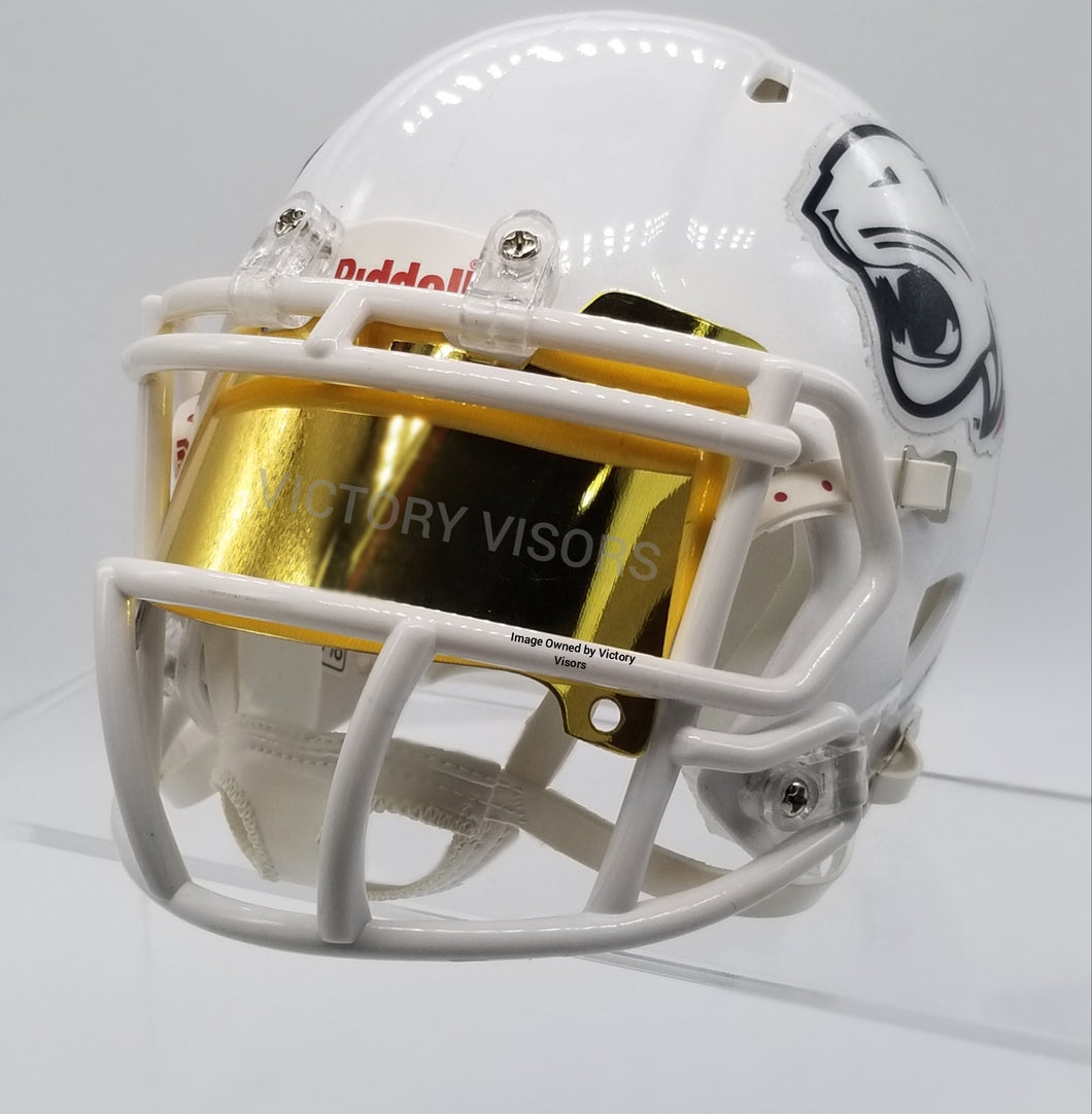 Gold Mini Football Helmet Visor from Victory Visors for football helmet memorabilia collectors and helmet breaks. Wholesale mini football helmet visors in the USA. Mini football helmet visor Houston, TX. Football helmet signatures.