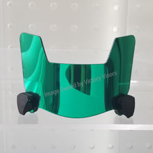 Load image into Gallery viewer, Hard style Green Mini Football Helmet Visor from Victory Visors for football helmet memorabilia collectors and helmet breaks. Wholesale mini football helmet visors in the USA. Mini football helmet visor Houston, TX. Football helmet signatures.
