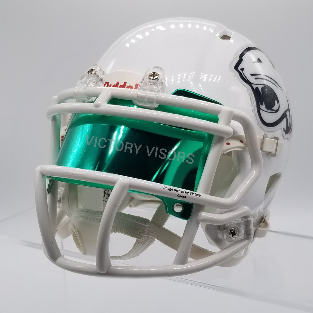 Green Mini Football Helmet Visor from Victory Visors for football helmet memorabilia collectors and helmet breaks. Wholesale mini football helmet visors in the USA. Mini football helmet visor Houston, TX. Football helmet signatures.