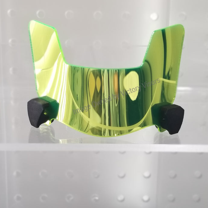 Hard style Lime Green Mini Football Helmet Visor from Victory Visors for football helmet memorabilia collectors and helmet breaks. Wholesale mini football helmet visors in the USA. Mini football helmet visor Houston, TX. Football helmet signatures.