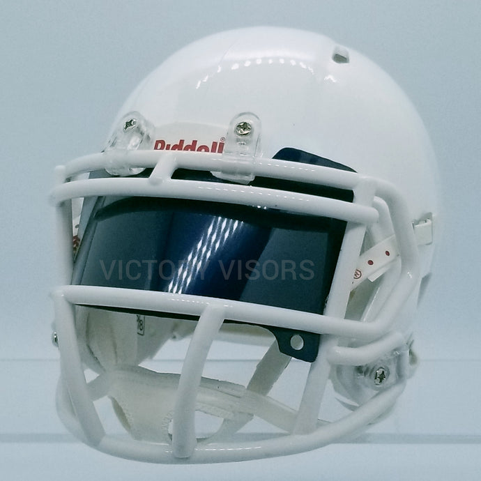 Navy Blue Mini Football Helmet Visor from Victory Visors for football helmet memorabilia collectors and helmet breaks. Wholesale mini football helmet visors in the USA. Mini football helmet visor Houston, TX. Football helmet signatures.