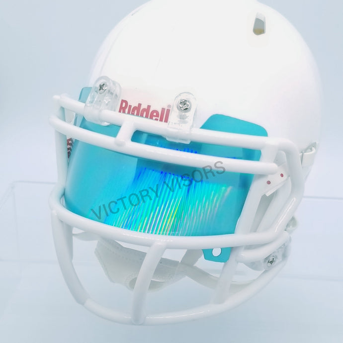 Ocean Mini Football Helmet Visor from Victory Visors for football helmet memorabilia collectors and helmet breaks. Wholesale mini football helmet visors in the USA. Mini football helmet visor Houston, TX. Football helmet signatures.