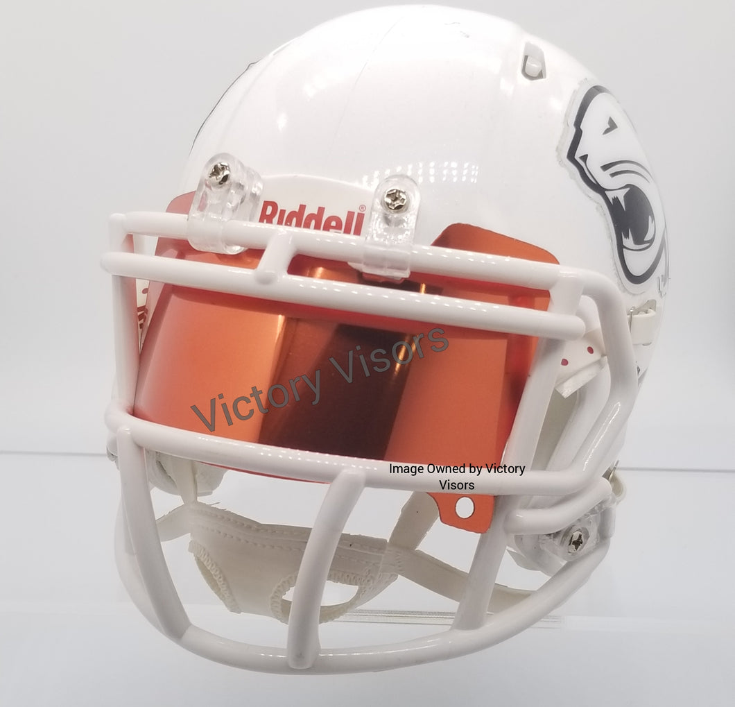 Orange Mini Football Helmet Visor from Victory Visors for football helmet memorabilia collectors and helmet breaks. Wholesale mini football helmet visors in the USA. Mini football helmet visor Houston, TX. Football helmet signatures.