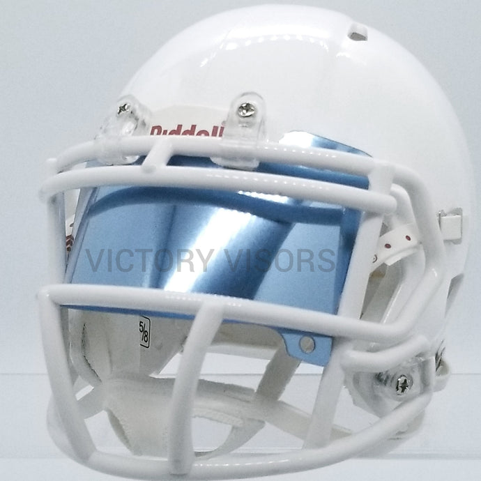 Powder Blue Mini Football Helmet Visor from Victory Visors for football helmet memorabilia collectors and helmet breaks. Wholesale mini football helmet visors in the USA. Mini football helmet visor Houston, TX. Football helmet signatures.