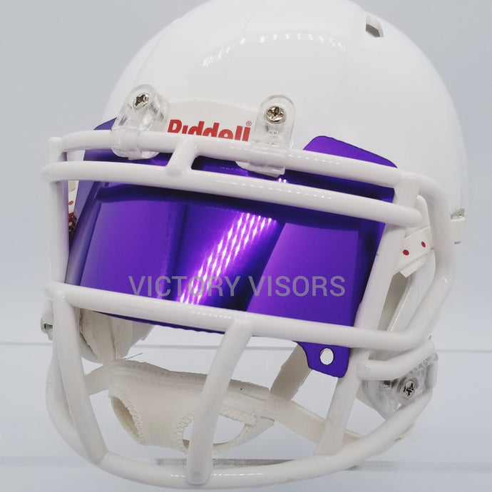 Purple Mini Football Helmet Visor from Victory Visors for football helmet memorabilia collectors and helmet breaks. Wholesale mini football helmet visors in the USA. Mini football helmet visor Houston, TX. Football helmet signatures.