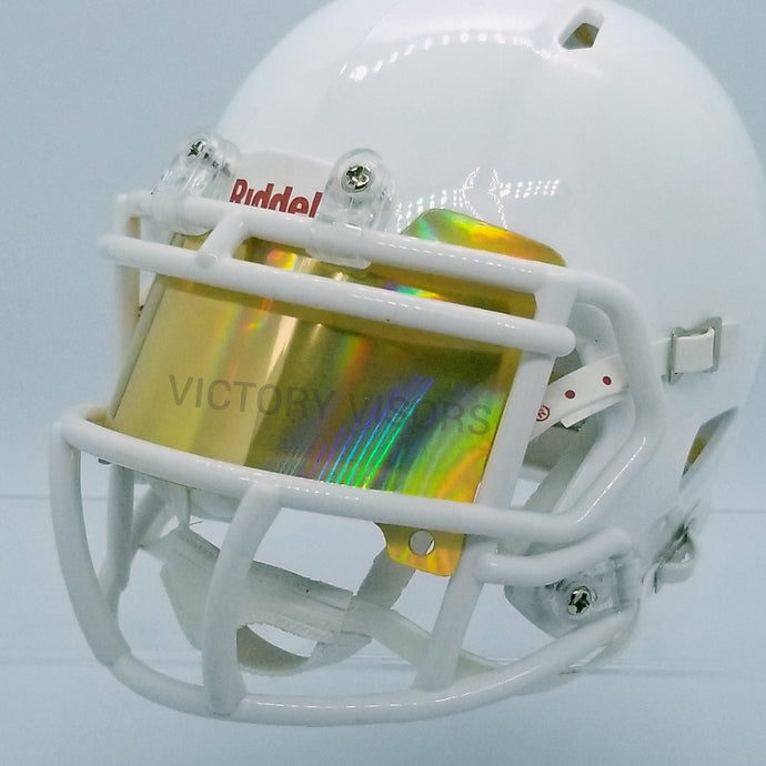 Rainbow gold Mini Football Helmet Visor from Victory Visors for football helmet memorabilia collectors and helmet breaks. Wholesale mini football helmet visors in the USA. Mini football helmet visor Houston, TX. Football helmet signatures.