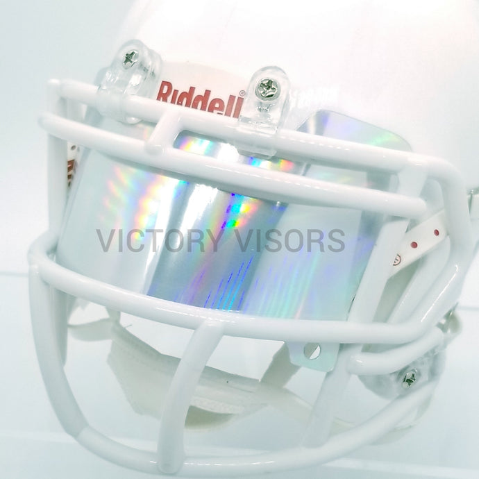 Rainbow Silver Mini Football Helmet Visor from Victory Visors for football helmet memorabilia collectors and helmet breaks. Wholesale mini football helmet visors in the USA. Mini football helmet visor Houston, TX. Football helmet signatures.