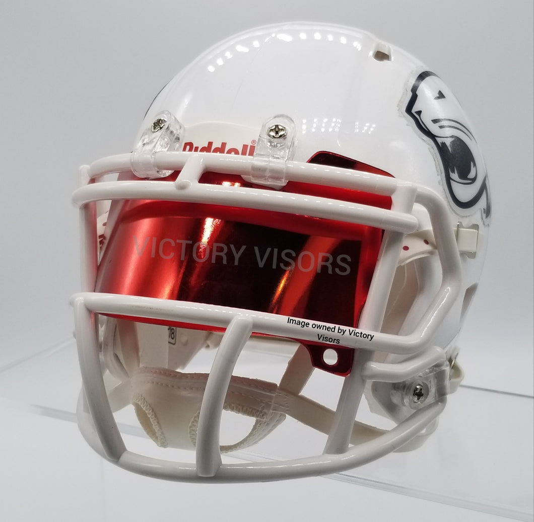 Red Mini Football Helmet Visor from Victory Visors for football helmet memorabilia collectors and helmet breaks. Wholesale mini football helmet visors in the USA. Mini football helmet visor Houston, TX. Football helmet signatures.