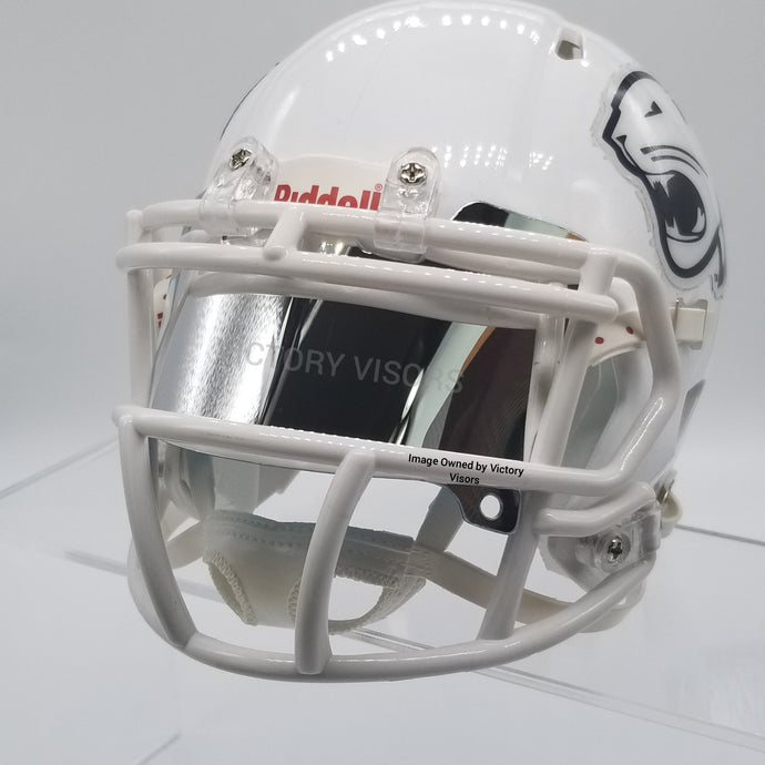 Silver Chrome Mini Football Helmet Visor from Victory Visors for football helmet memorabilia collectors and helmet breaks. Wholesale mini football helmet visors in the USA. Mini football helmet visor Houston, TX. Football helmet signatures.