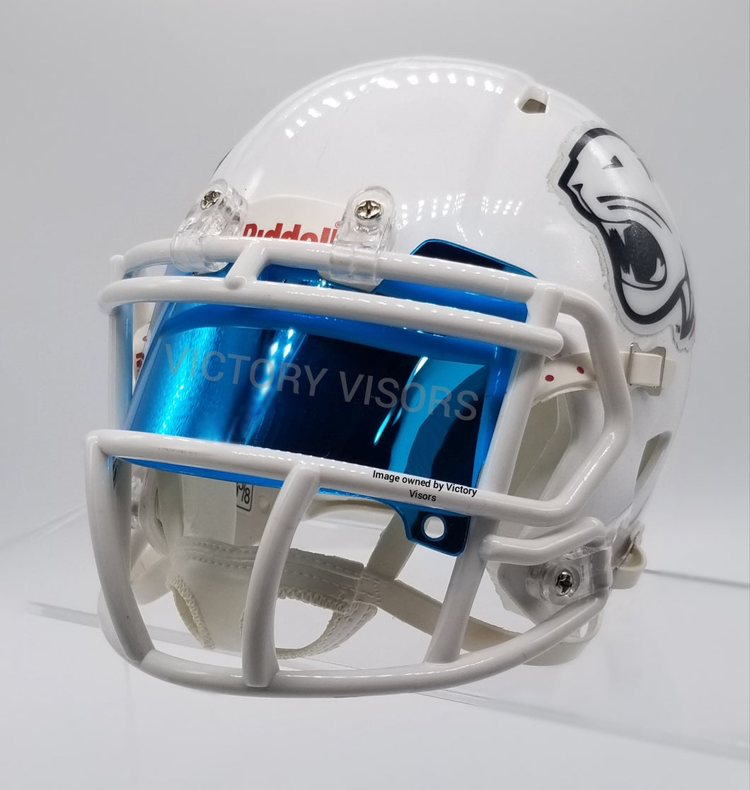 Sky Blue Mini Football Helmet Visor from Victory Visors for football helmet memorabilia collectors and helmet breaks. Wholesale mini football helmet visors in the USA. Mini football helmet visor Houston, TX. Football helmet signatures.