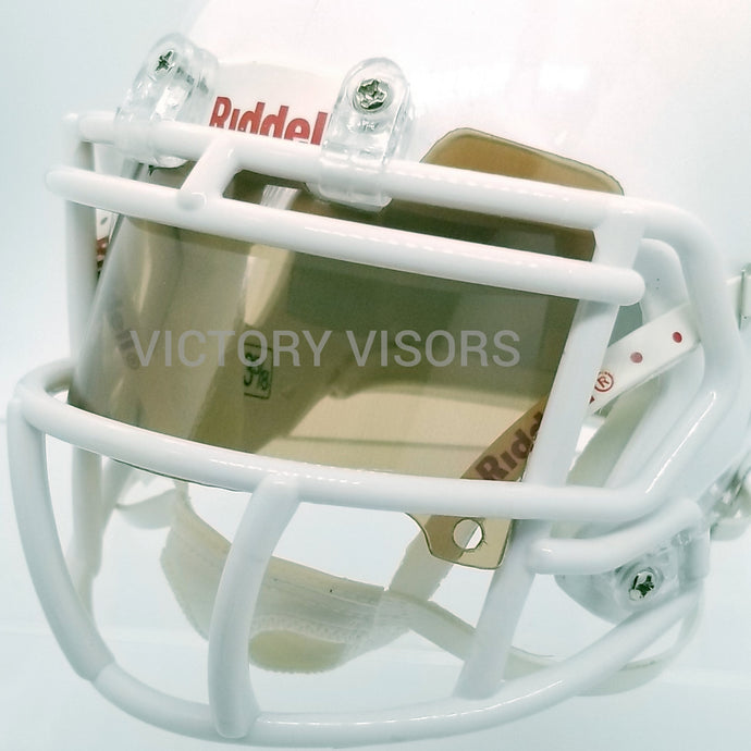 Smoke Brown Mini Football Helmet Visor from Victory Visors for football helmet memorabilia collectors and helmet breaks. Wholesale mini football helmet visors in the USA. Mini football helmet visor Houston, TX. Football helmet signatures.