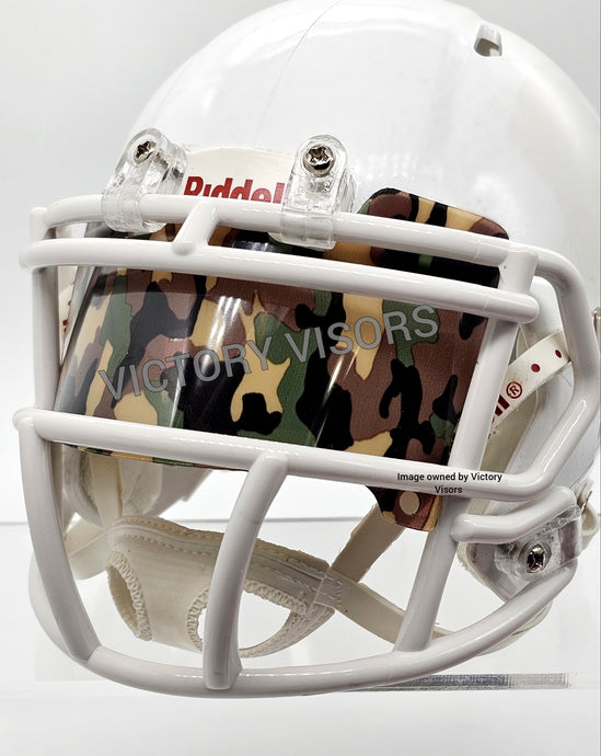 Solute to Service Mini Football Helmet Visor from Victory Visors for football helmet memorabilia collectors and helmet breaks. Wholesale mini football helmet visors in the USA. Mini football helmet visor Houston, TX. Football helmet signatures.