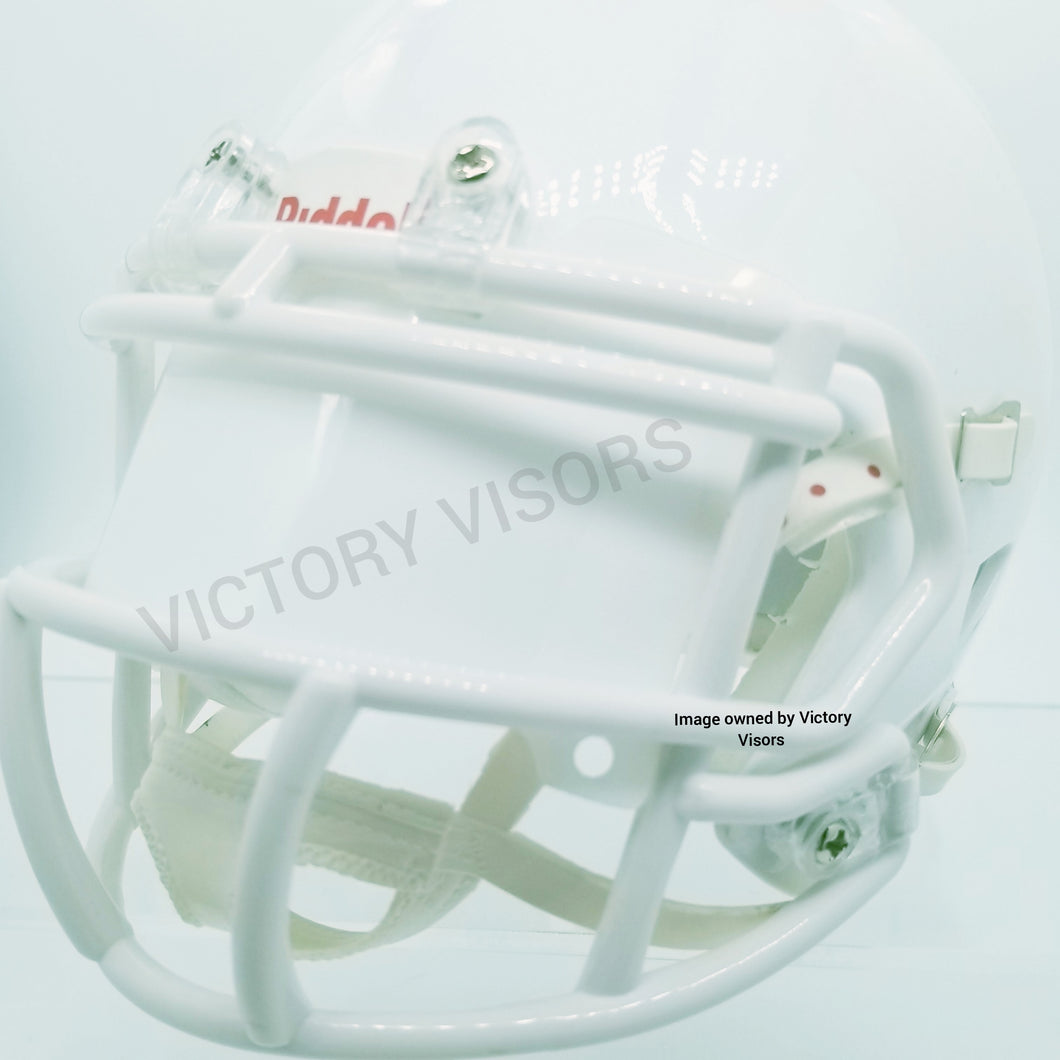 White Mini Football Helmet Visor from Victory Visors for football helmet memorabilia collectors and helmet breaks. Wholesale mini football helmet visors in the USA. Mini football helmet visor Houston, TX. Football helmet signatures.